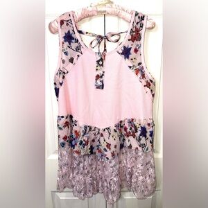 POL Floral Lace Ruffle Tank Top Pink Boho Scoop Neck Size Small NWOT